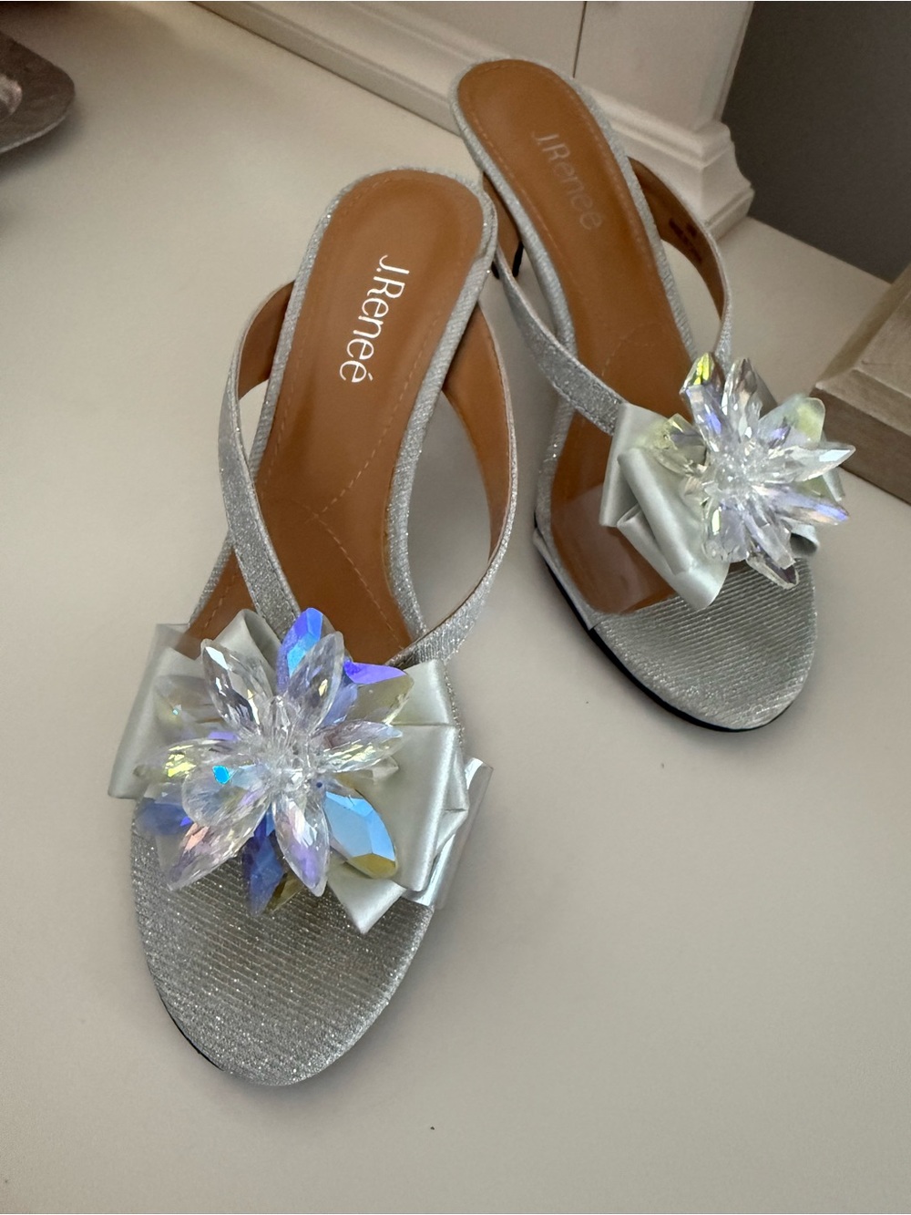 J.Renee Silver Iridescent Crystal Flower Slingback Mules - Picture 3 of 5